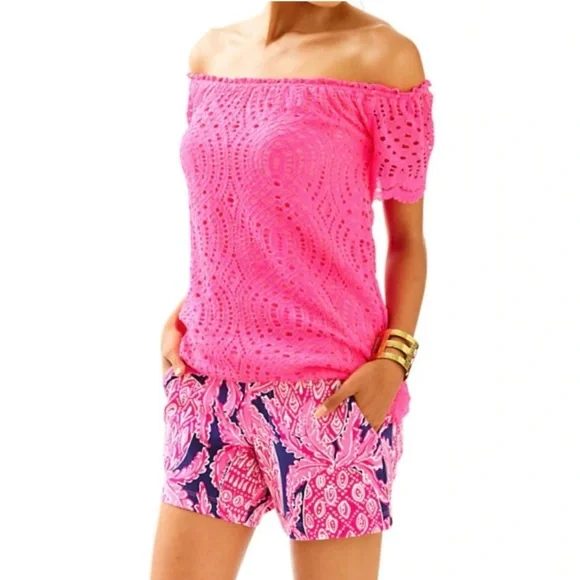 Lilly Pulitzer Bright Hot Pink Marble Lace Top Women's size S - Picture 2 of 4